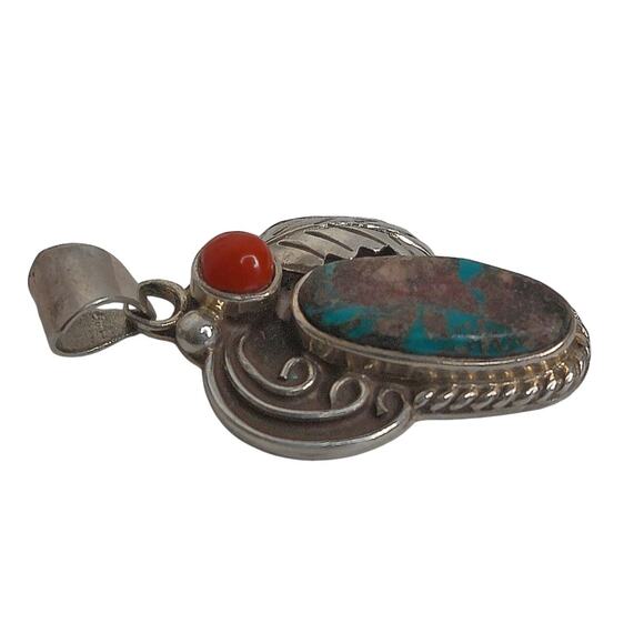 Vintage Richard Begay Sterling Silver Navajo Turquoise Coral Pendant READ - Picture 2 of 6